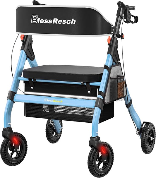 Foldable Rollator Walkers with Seat for Seniors, 450 lb Capacity, 8'' Wheels, 18" Big Seat, 6-Position Adjustable Height, Heavy-Duty Aluminum Rolling Walker (Blue)