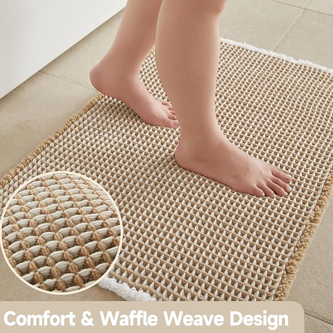 Waffle Runner Rug Bathroom, Long Boho Bathroom Rugs Non Slip Washable Super Absorbent Quick Dry Farmhouse Bath Decor, 60"x24" Khaki and White
