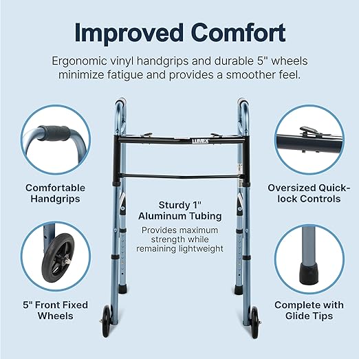 Lumex ColorSelect Walkers for Seniors, Rolling & Folding Adult Walker with Wheels, Blue