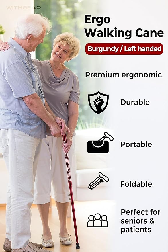 Ergo Walking Cane for Men & Women - Adjustable Foldable Walking Stick (Right-Handed Black Cane)