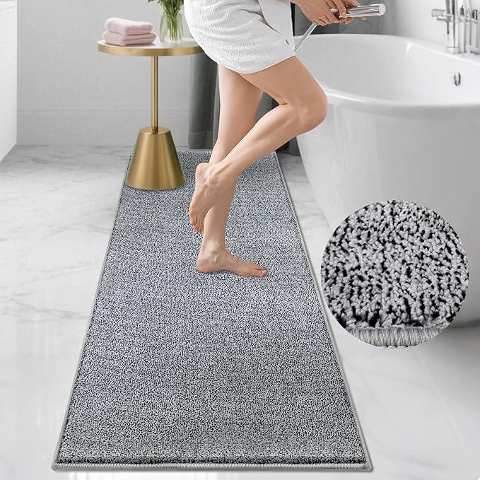 HDFK Bath Mat Runner Rug Non Slip 60x24 Inches Bathroom Rugs 2 Tone Chenille Medium Pile TPR Backing | Absorbency Solid Black White | Long Tub Side Mats for Wet Dry Transition Zone Modern Decor