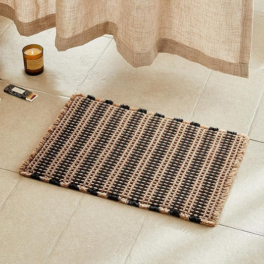 Waffle Bath Mat, Boho Bathroom Rugs Non Slip Washable Super Absorbent Quick Dry Bath Mat Farmhouse Bathroom Decor, 24"x16" Black and Khaki