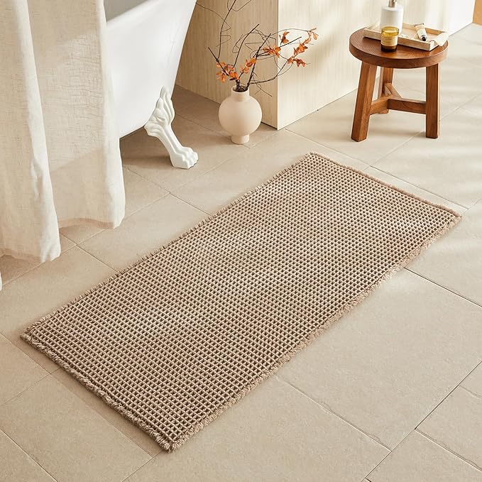 Waffle Bath Mat, Boho Bathroom Rugs Non Slip Washable Super Absorbent Quick Dry Bath Mat Farmhouse Bathroom Decor, 48"x24" Beige