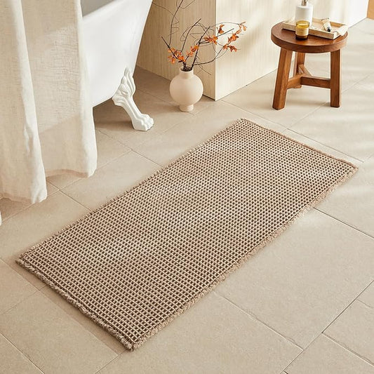Waffle Bath Mat, Boho Bathroom Rugs Non Slip Washable Super Absorbent Quick Dry Bath Mat Farmhouse Bathroom Decor, 48"x24" Beige