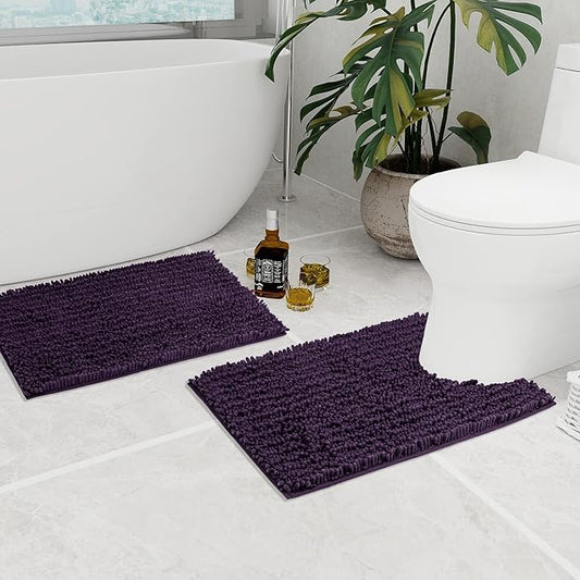Walensee Bathroom Rug 2 Pieces Set Non Slip Bath Mat (20"x32" Plus 20"x24" U Dark Purple) Water Absorbent Super Soft Shaggy Chenille Machine Washable Dry Extra Thick Perfect Carpet for Shower Floor