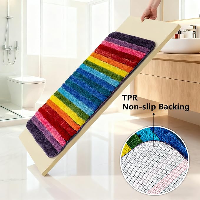 NIENLCIP Rainbow & Colorful Bathroom Rug, Soft Plush Non-Slip Bath Mat, Machine Washable Absorbent Shower Rug with Rubber Backing for Bathroom/Toilet, 20" x 32"