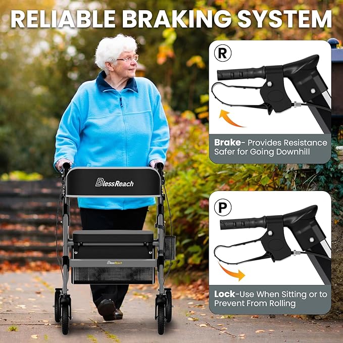 Foldable Rollator Walkers with Seat for Seniors, 450 lb Capacity, 8'' Wheels, 18" Big Seat, 6-Position Height, Heavy-Duty Aluminum Rolling Walker (Gray)