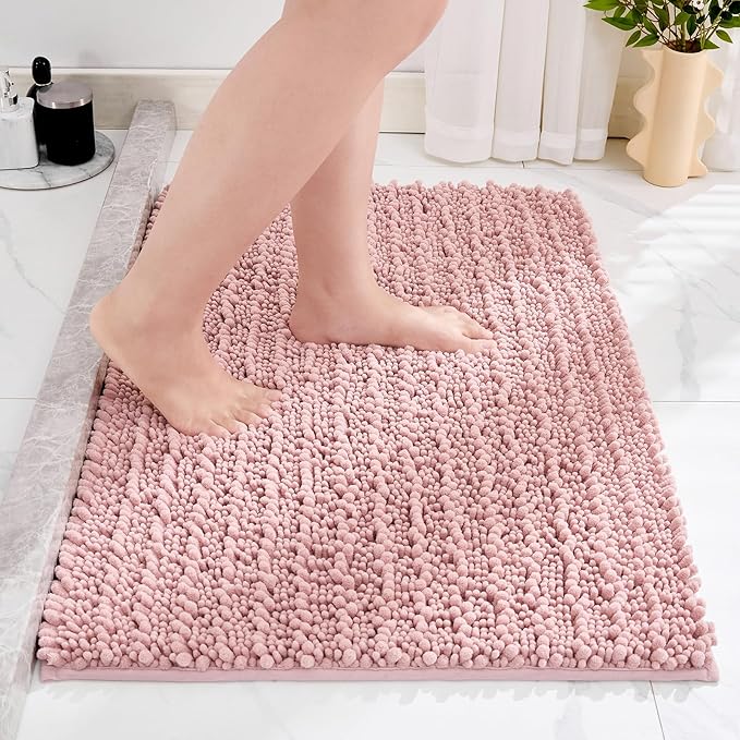 Small Bathroom Rug Non Slip Washable Pink Bath Mat 20x32 Super Absorbent Soft Bathroom Floor Mat Chenille Bath Rug for Shower Tub
