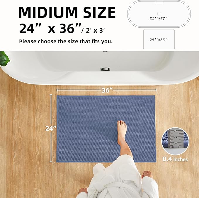 Bathroom Rugs Non Slip Washable, Super Absorbent Thin Bath Mat Quick Dry Low Pile Bathroom Rug, Denim Blue 24"x36"