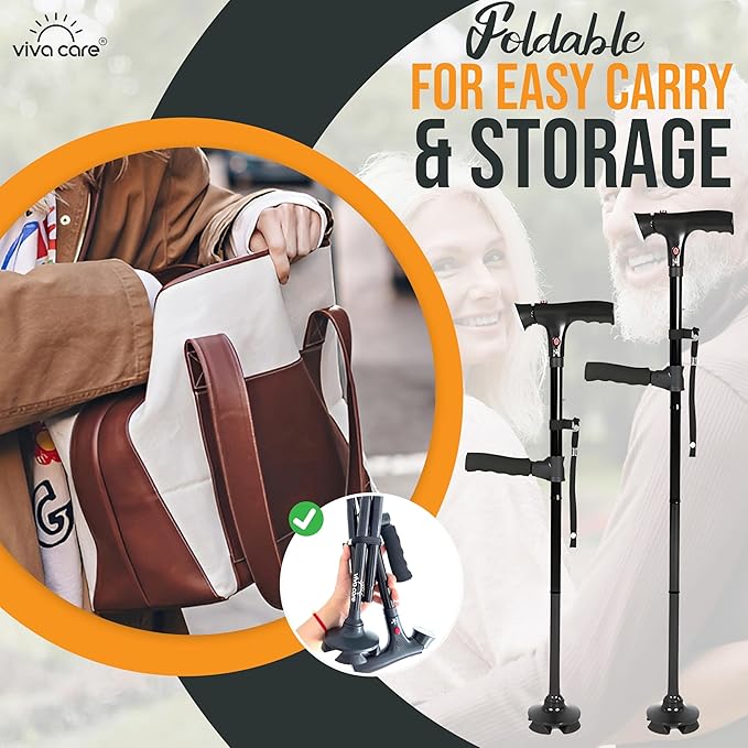VIVA CARE Walking Cane with Light & Alarm - Foldable, Adjustable, Lightweight, for Balance & Stability for Adults, Seniors, and Injured. [Black]