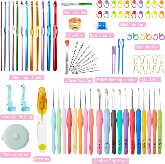 INSCRAFT 87 Pcs Crochet Hook Set, 19 Sizes 0.5mm-8mm(L), Ergonomic Soft Grip Handles Crochet Needles Kit with Case for Arthritic Hands, Crochet Starter Kit for Beginners Knitting Yarn Lovers