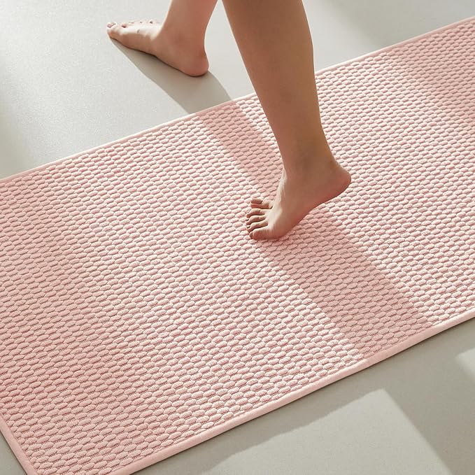 Bathroom Rugs Non Slip Washable, Super Absorbent Thin Bath Mat Quick Dry Low Pile Bathroom Rug, Pink 24"x47"