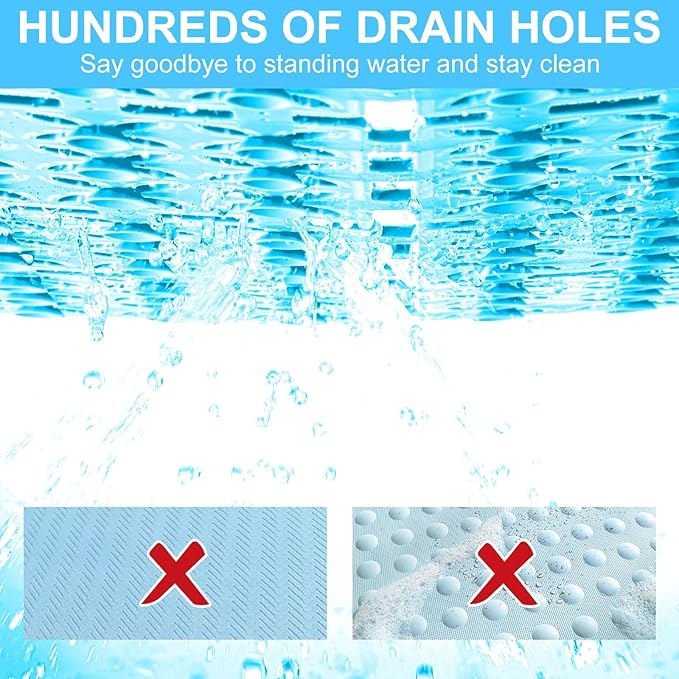 Shower Mat Non Slip，24"X24" Bathtub Mat Non Slip Square Shower Mats for Inside Shower with Drain Holes Suction Cups, Quick Drain, TPE Shower Floor Mat for Elderly & Kids (Blue)