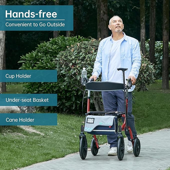 ELENKER All-Terrain Rollator Walker with Seat, Outdoor Rolling Walker, 12” Non-Pneumatic Tire Front Wheels, Compact Folding Design for Seniors, Red