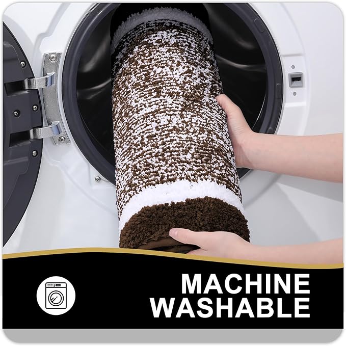 OLANLY Toilet Rugs U-Shaped 24x20, Extra Soft and Absorbent Microfiber Bathroom Rugs, Non-Slip, Machine Wash Dry, Plush Shaggy Contour Bath Mats for Toilet Base (Brown and White)