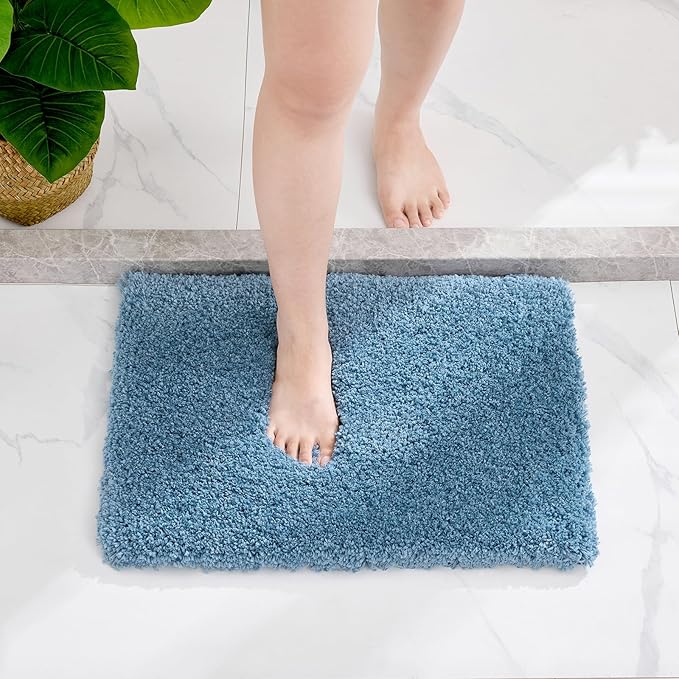 Small Bathroom Rug 17x24 Non Slip Blue Fluffy Bath Mat for Bathroom Floor Washable Plush Luxury Bath Rug for Tub Soft Shaggy Absorbent Shower Mat