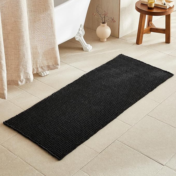 Black Long Bathroom Rug, Waffle Runner Rug Bathroom Non Slip Washable Super Absorbent Quick Dry Boho Farmhouse Bath Decor, 60"x24" Black