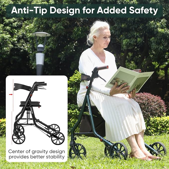 Titan Foldable Rollator Walkers with Seat, 7-Level Adjustable Handles Height, Reliable Parking & Braking System, Easy to Assemble and Use with Cane Holder & Storage Bag, 8" Big Wheels