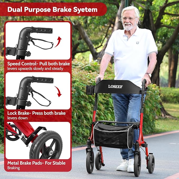 Rollator Walkers for Seniors, 10" Big Rubber Wheels All Terrain Rollator Walker with Adjustable Backrest and Handles, 350 Lbs, Cup Cane Holder, Foldable Lightweight Walker with Seat for Seniors Red