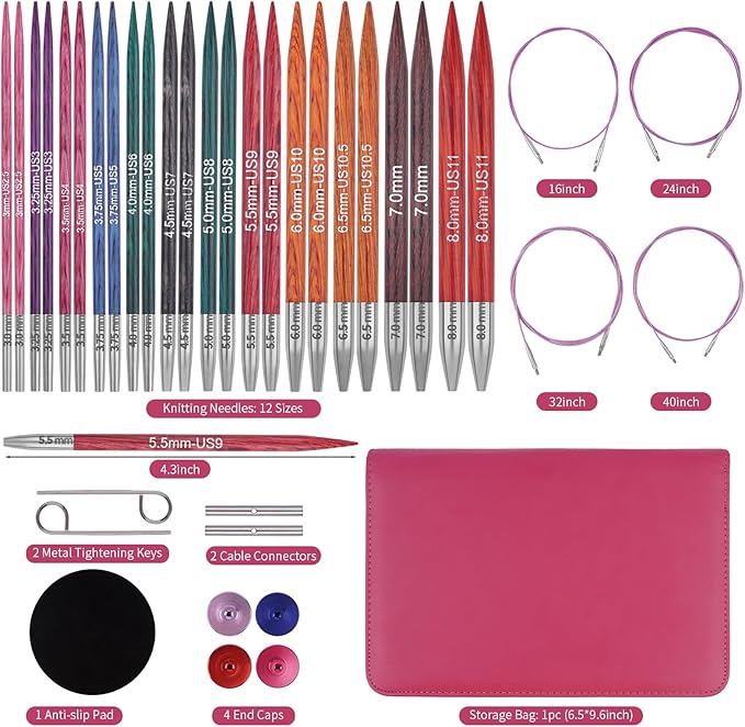 Weabetfu Interchangeable Circular Knitting Needle Set,Birch Wood Interchangeable Knitting Needles with Cable 12 Pairs 3mm-10mm Replacements Round Knitting Needle