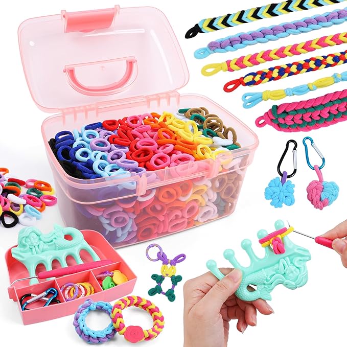 ZMMB Mermaid Bracelet Making Kit for Girls Ages 6-12 - 1200+ Rainbow Elastic Cloth Loom Bands in 12 Colors, DIY Craft Set with Mermaid Loom Tool, Storage Box – Great Birthday Gift for Kids