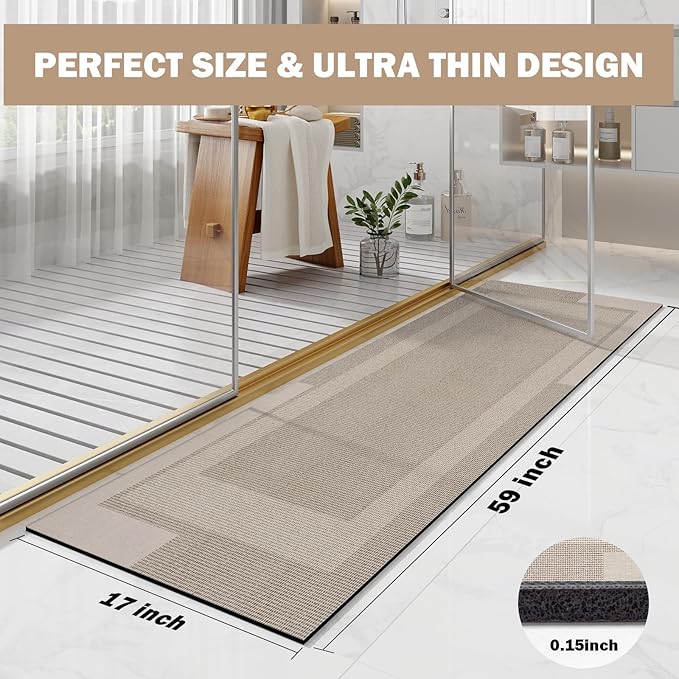 Non Slip Long Bathroom Runner Rug Bath Mat, Rubber Backing Ultra Thin Bathroom Rugs Fit Under Door Quick Dry Super Absorbent Washable Shower Mat for Bathtub Sink Floor, Beige 17"x59"