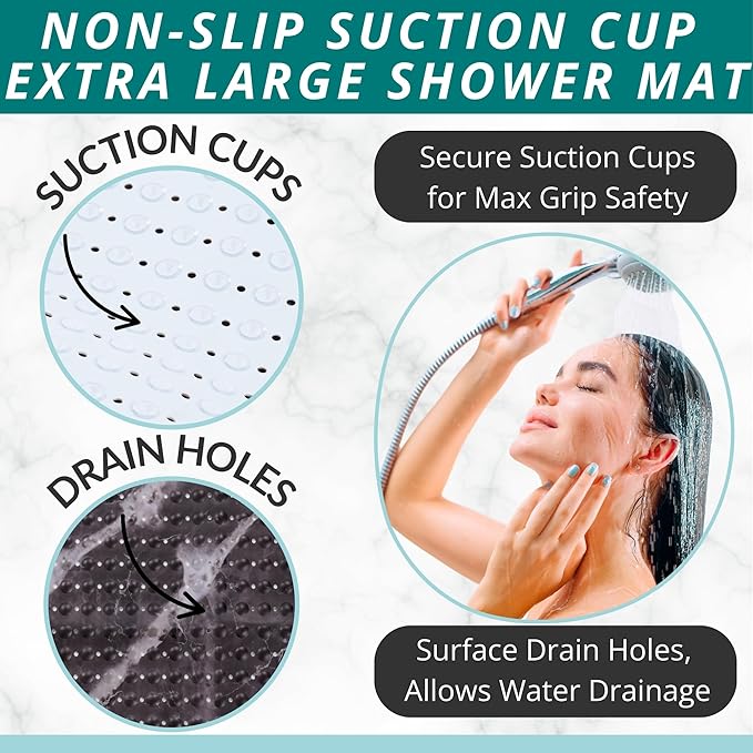 ENKOSI Extra Large Square Non Slip Shower Mat - 31 x 31-inch XL Bathroom Shower Mat - Square Shower Matts for Shower Stall Floors | Secure Suction Cups and Drain Holes (31x31 Marble Black)