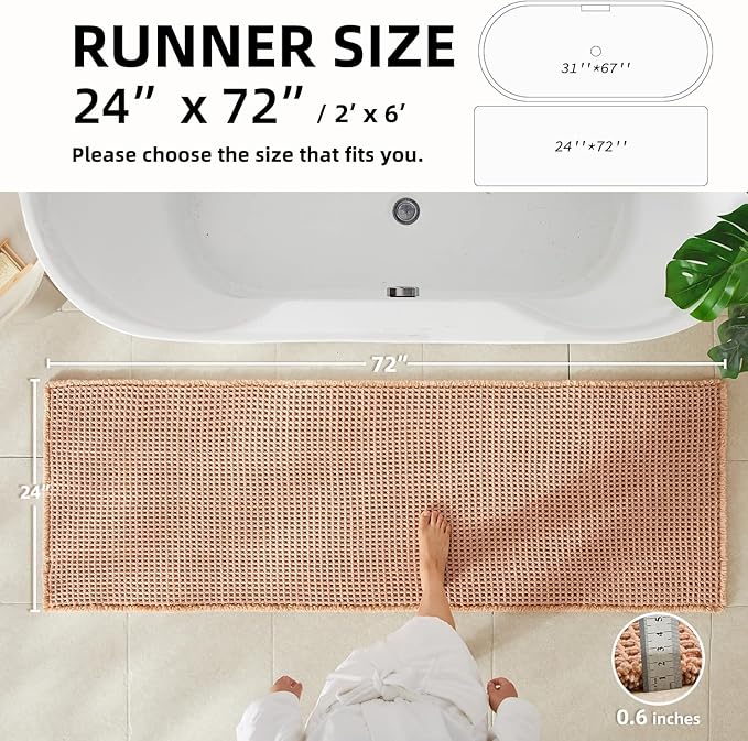 Waffle Runner Rug Bathroom, Long Boho Bathroom Rugs Non Slip Washable Super Absorbent Quick Dry Farmhouse Bath Decor, 72"x24" Light Peach