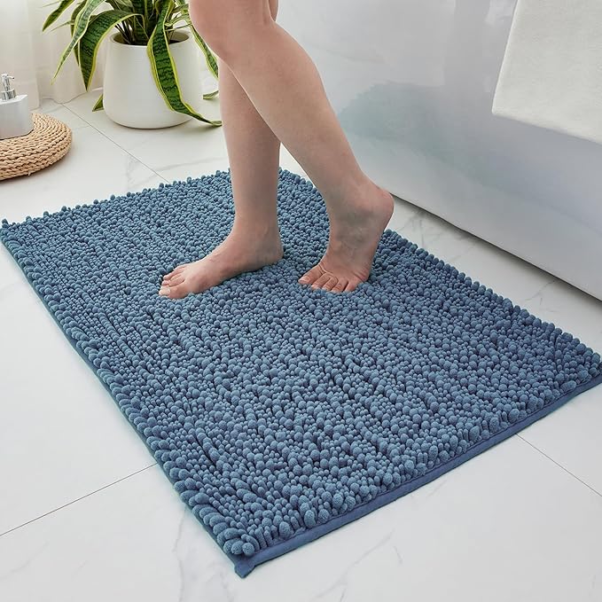 Small Bathroom Rug Non Slip Washable Blue Bath Mat 20x32 Super Absorbent Soft Bathroom Floor Mat Chenille Bath Rug for Shower Tub