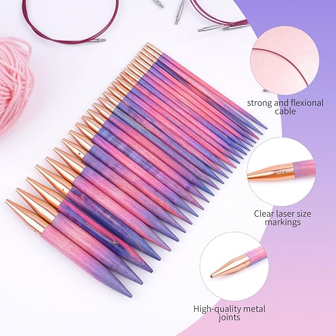 WAZAIGUR Circular Interchangeable Wooden Knitting Needles Set with Case Sizes 3mm, 3.25mm, 3.5mm, 3.75mm, 4mm, 4.5mm, 5mm, 5.5mm, 6mm, 7mm, 8mm, 9mm, 10mm, 13 Pairs, 4 Cables