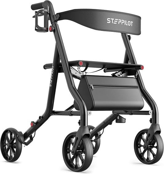 Titan Foldable Rollator Walkers with Seat, 7-Level Adjustable Handles Height, Reliable Parking & Braking System, Easy to Assemble and Use with Cane Holder & Storage Bag, 8" Big Wheels