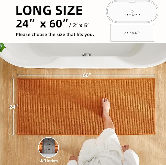 Bathroom Runner Rug, Long Bath Mat Washable Thin Quick Dry Low Pile Bathroom Runner Rugs 24 x 60 Non Slip, Orange 24"x60"