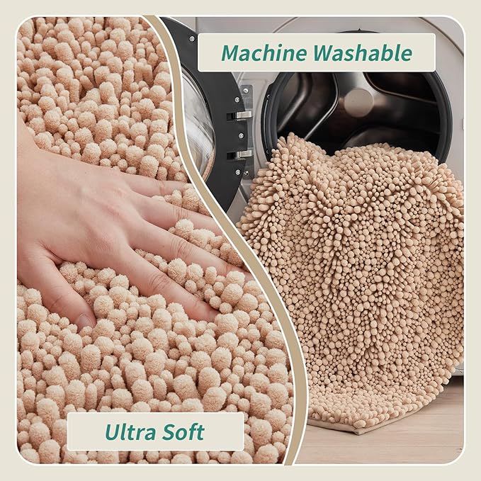Non Slip Bathroom Rug Machine Washable Thick Beige Bath Mat 24x36 Soft Absorbent Bathroom Floor Mat Chenille Bath Rug for Shower Tub