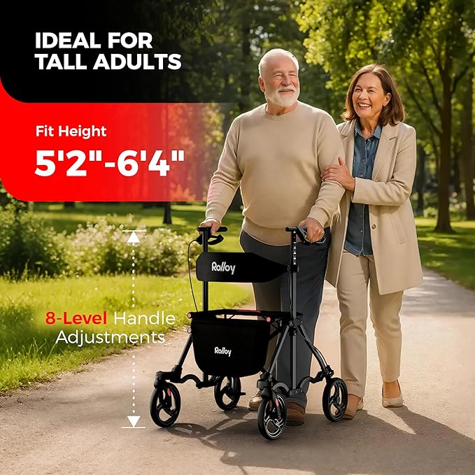 Rollator Walkers for Seniors with Seat, Lightweight Ultra-Compact Travel Rolling Walker, 350lbs Capacity, Heavy-Duty Extra-Wide Seat, Easy Folding, Height Adjustable for Tall Over 6ft, 8" Big Wheels