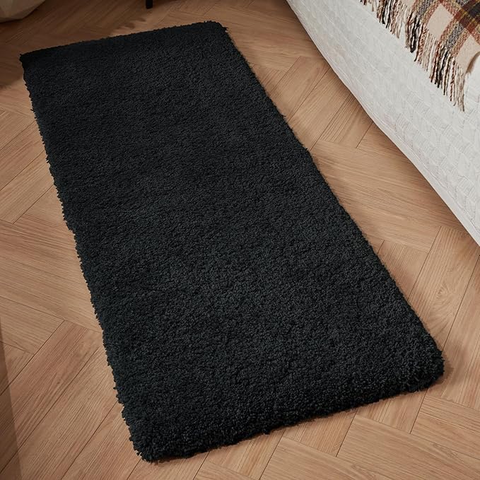 Bathroom Rug 24x48 Non Slip Fluffy Bath Mat for Bathroom Floor Washable Plush Luxury Bath Rug for Tub Soft Shower Mat, Black
