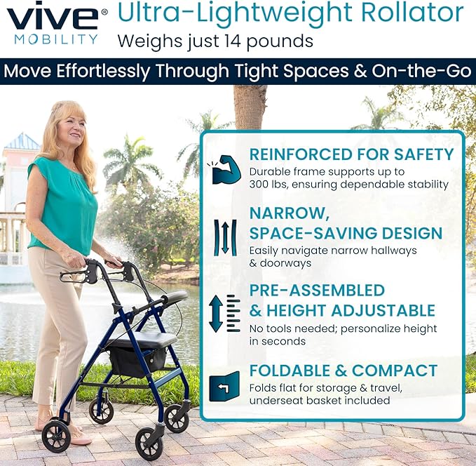 Vive Ultra Lightweight Rollator Walker with Seat - Foldable, Narrow, Rolling Senior Walker for Small Spaces - 4 Wheel Aluminum Adult Easy Drive Aid with Underseat Accessory - Weighs Only 14 Lbs