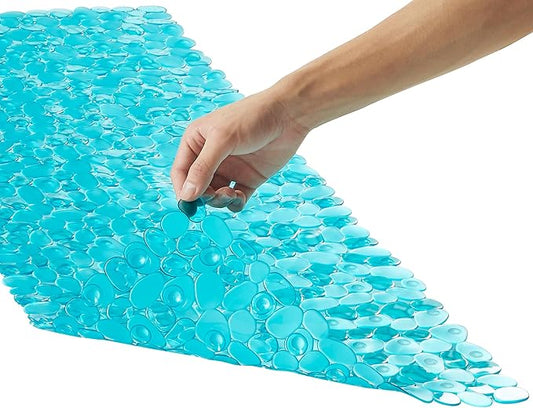 Bath Shower Mat Non Slip: Extra Large Pebble Bathtub mat for Families, Anti Slip Shower Matt with Drain Holes Suction Cups Tub Mat - 16 X 40 Inch Clear Green