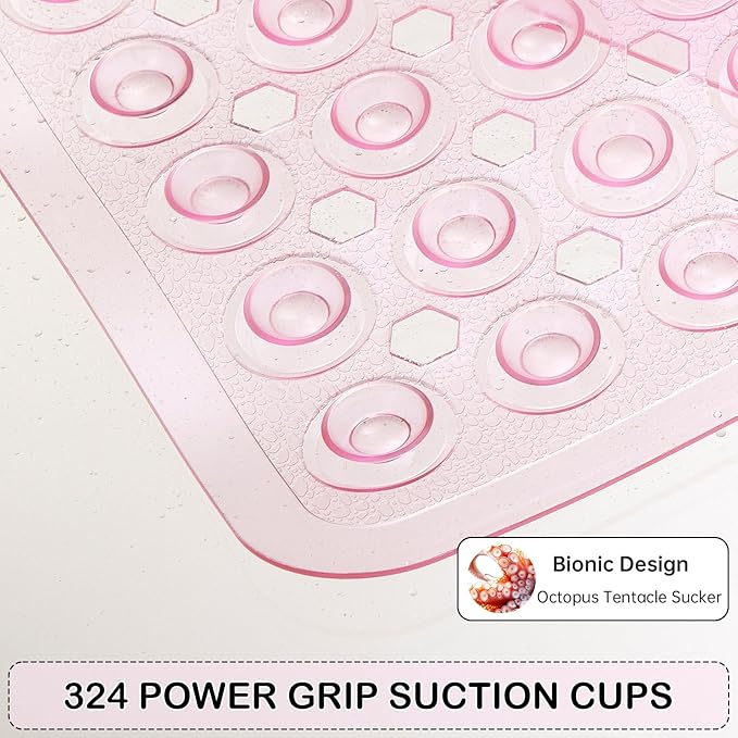 Linoows Non-Slip Bathtub and Shower Mats, Power Grip Bath Mat 35 x 16.3 Inch with Suction Cups and Drain Holes for Tub Bathroom Floor Safety, Machine Washable Soft Bathmat, Clear Pink