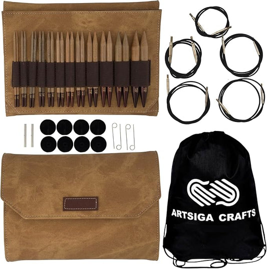 Lykke Umber 5 in. Complete Set US Sizes 4, 5, 6, 7, 8, 9, 10, 10.5, 11, 13, 15, 17 Interchangeable Circ. Knitting Needles for DK, Worsted, Chunky Yarns, Birch, 5 Cords, Umber DM Case, Project Bag