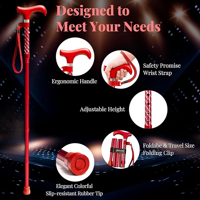 [Combo] Merry Sticks Lightweight Foldable Walking Canes for Women and Men, Adjustable & Collapsible Walking Stick for Seniors, Includes A Cane Bag & A Smart Reflective Cane Holder