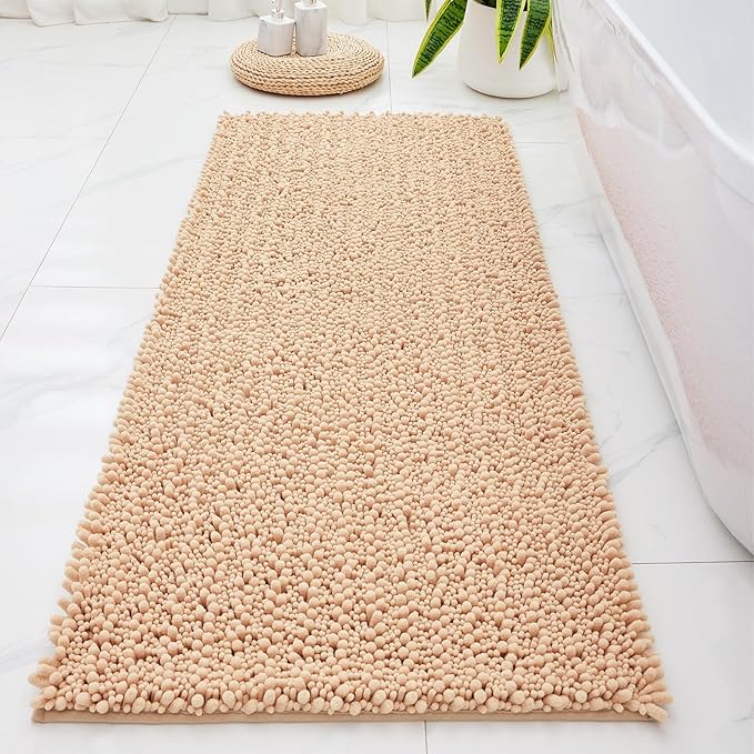 Bathroom Runner Rug 24x70 Non Slip Washable Long Bath Mat for Tub Thick Soft Absorbent Bathroom Floor Mat Large Chenille Bath Rug for Shower, Beige