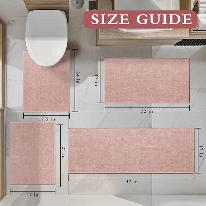YIHOUSE Pink Bathroom Rugs Set, 4 Piece, Absorbent Non Slip, Quick Dry, Thin Bath Mat for Bathroom and Kitchen