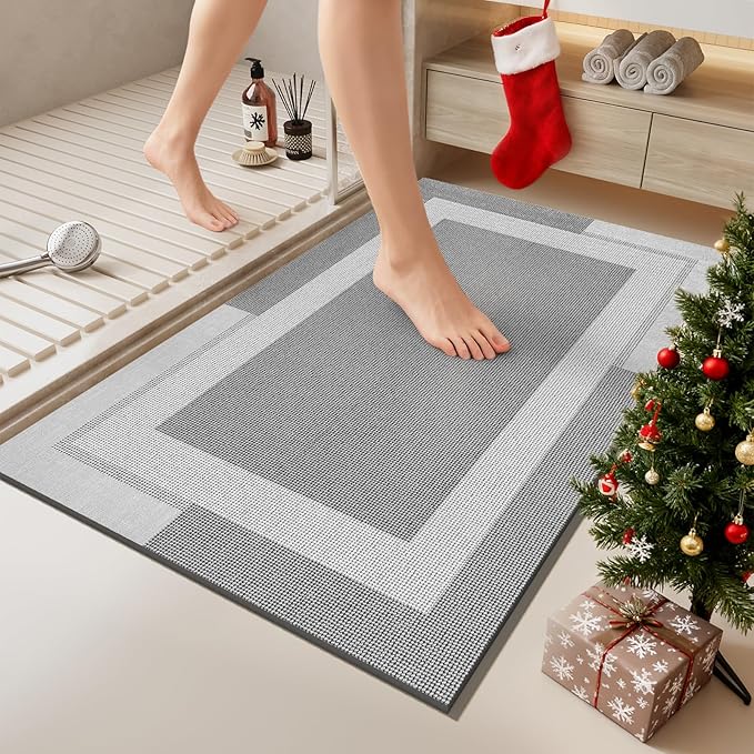 Non Slip Bath Mat, Rubber Backing Ultra Thin Bathroom Rugs Fit Under Door Quick Dry Super Absorbent Washable Bath Rug Shower Mat for Bathroom Floor Bathtub Shower Sink, Easy Care Gray 16"x 24"