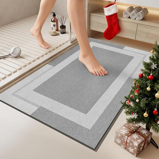 Non Slip Bath Mat, Rubber Backing Ultra Thin Bathroom Rugs Fit Under Door Quick Dry Super Absorbent Washable Bath Rug Shower Mat for Bathroom Floor Bathtub Shower Sink, Easy Care Gray 16"x 24"