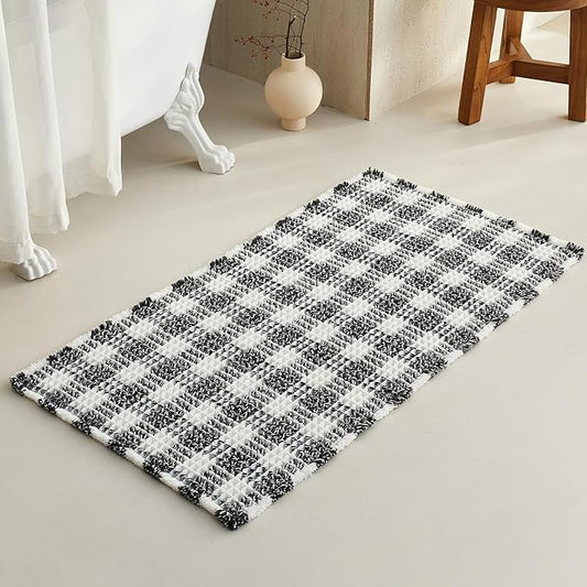 Waffle Bath Mat, Boho Bathroom Rugs Non Slip Washable Absorbent Checkered Bathroom Mat Quick Dry Farmhouse Bathroom Decor, 48"x24" Black and White