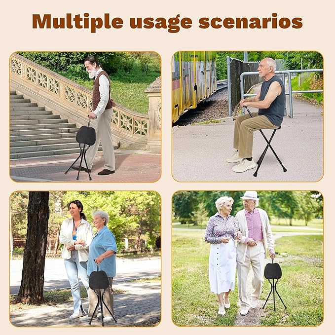 UNLICON-Brown Folding Cane Stool with Seat – Lightweight Adjustable Walking Cane for Seniors, Ergonomic Design, 330 lbs Capacity, Portable and Convenient Cane Chair with Anti-Slip Feet