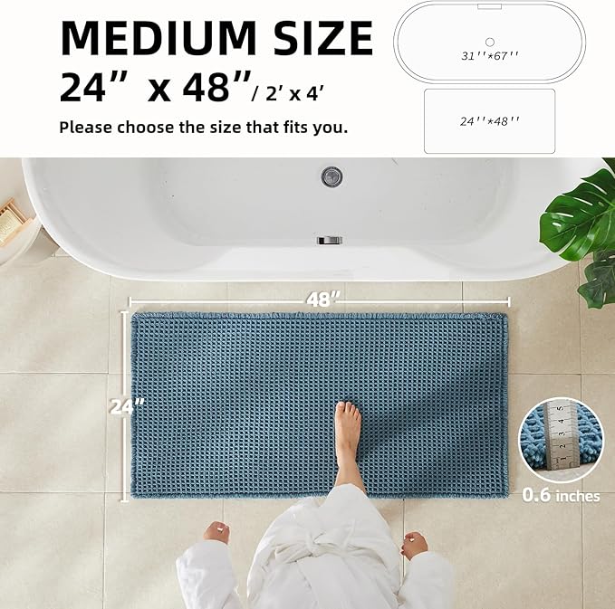 Waffle Bath Mat, Boho Bathroom Rugs Non Slip Washable Super Absorbent Quick Dry Bath Mat Farmhouse Bathroom Decor, 48"x24" Denim Blue