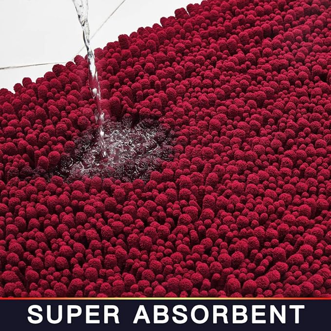 Walensee Large Bathroom Rug Non Slip Bath Mat (72x24 Inch Red) Water Absorbent Super Soft Shaggy Chenille Machine Washable Dry Extra Thick Perfect Absorbant Best Plush Carpet for Shower Floor