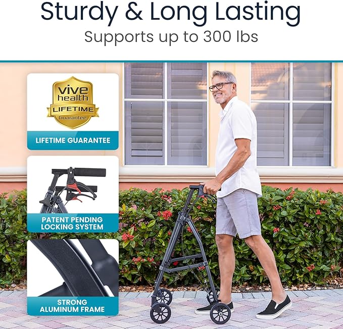Vive Mobility Lightweight Walker for Seniors - Narrow, Folding Walker w/Wheels for Small & Tight Spaces - Light Weight for Balance, Compact Doorways, Foldable - Portable & Collapsible for Travel