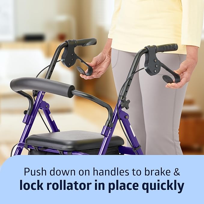 Medline Aluminum Rollator Walker with Seat, Purple, 250 lb. Weight Capacity, Lightweight, 6” Wheels, Foldable, Adjustable Handles, Rolling Walker for Seniors